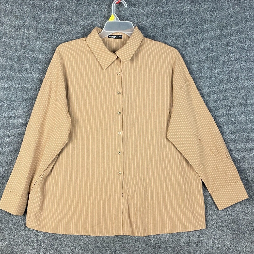 Shein Curve Button Up Top Women's 2XL‎ Long Sleeve Striped Tan XXL Adults